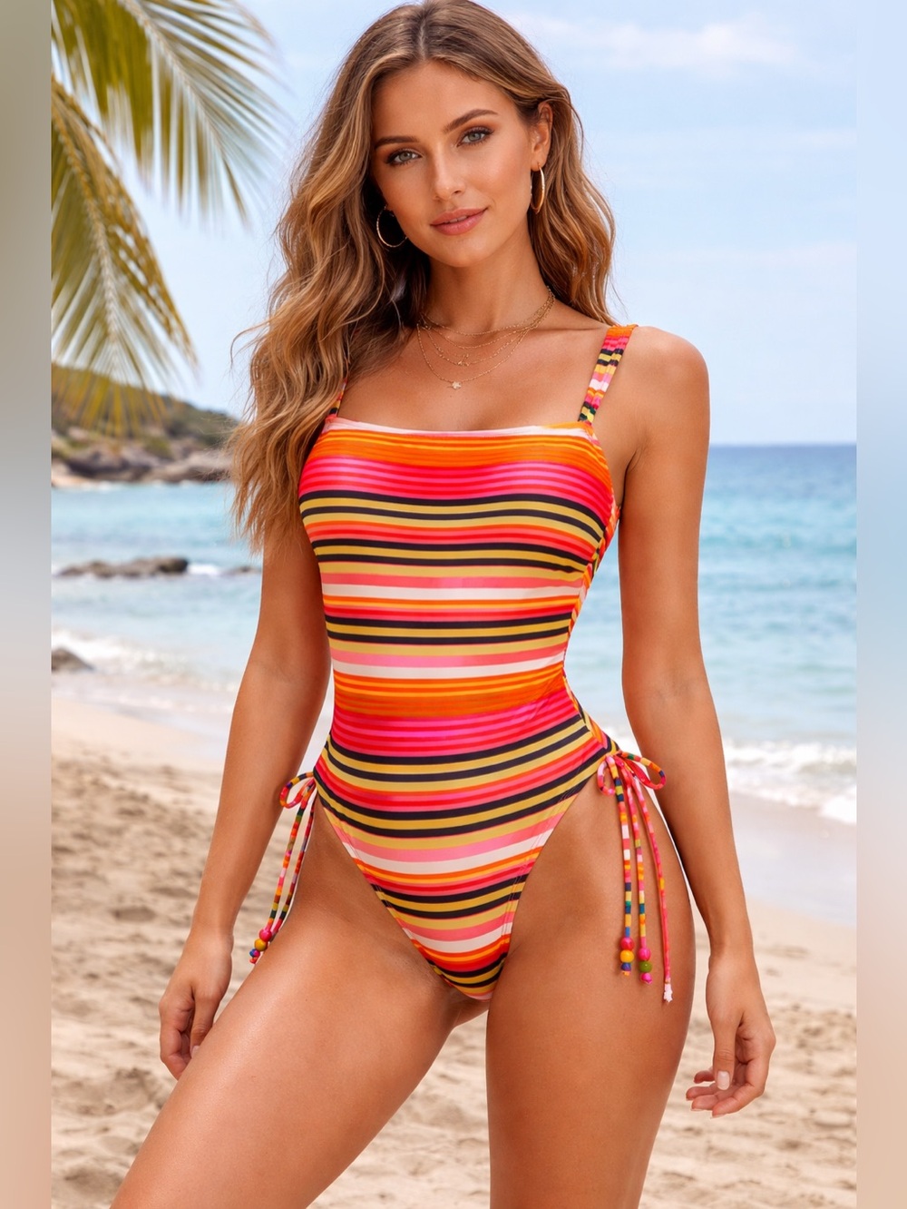 No Boundaries Striped One Piece Swimsuit S Neon Pink Side Tie Sexy